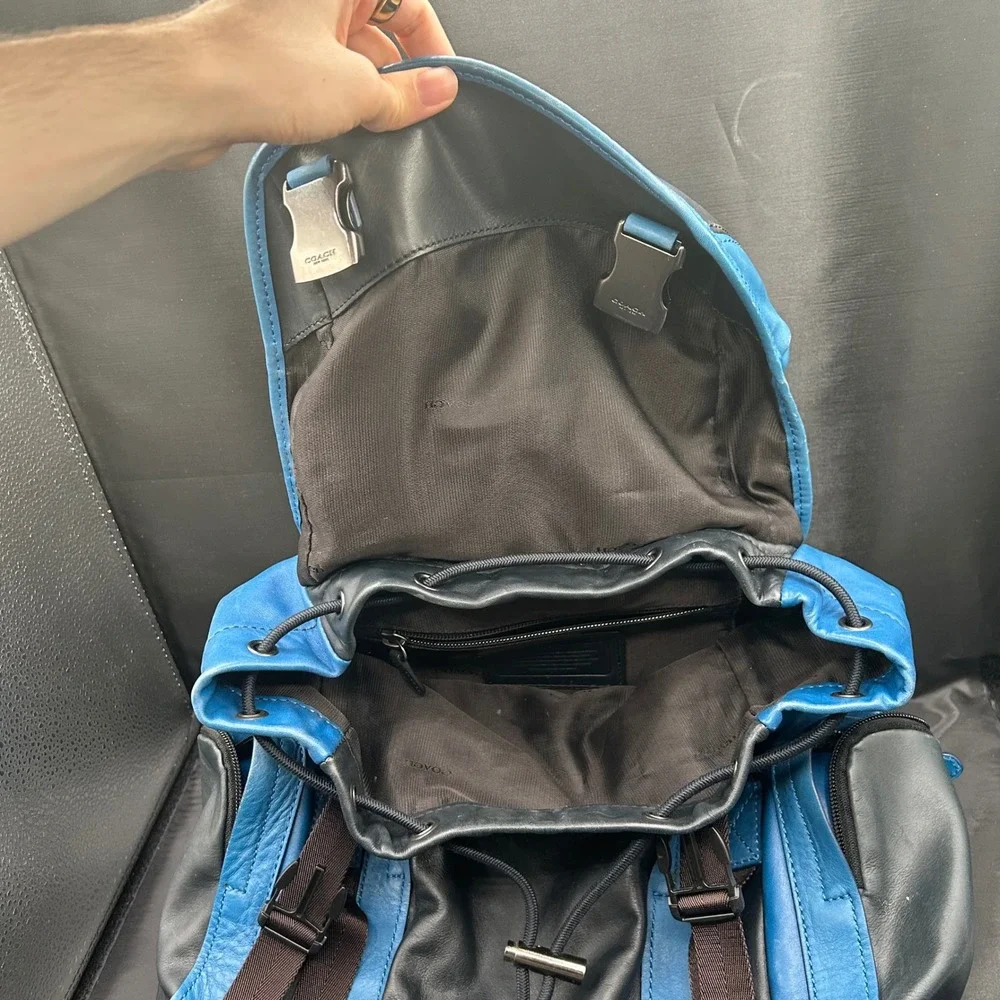 Coach Manhattan Leather Backpack Black Blue Colorblock Buckle Drawstring Bag